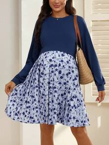 SHEIN Printed Patchwork Casual Loose Fit Maternity Dress, Short Length, Long Sleeve, Round Neck - Royal Blue - View 3
