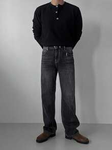 DAZY Men's Black Round Neck Partial Button-Up T-Shirt, Autumn - Black - View 3