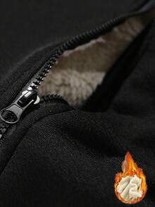 Manfinity Homme 男士秋冬拉链连帽夹克，黑色保暖连帽外套，英文图案印花，休闲街头风外套，冬季男士保暖夹克，黑色连帽拉链外套，复古风格，适合日常休闲、周末旅行、户外活动、探险旅行、轻松的工作环境或半正式场合，可作为男友/丈夫礼物、周年纪念/生日礼物、派对礼物、圣诞节礼物、新年礼物。 - 黑色 - 查看 4