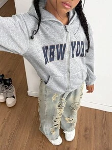 女童撞色字母印花拉链连帽外套，街头风，适合秋冬季上学和户外活动穿着 - 灰色 - 查看 7