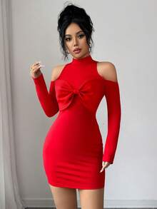 Selianne New High Collar Red Bow Sexy Off-Shoulder Long Sleeve Bodycon Dress, Elegant, Unique, Versatile, Suitable For Christmas, Halloween, Valentine's Day Dates, Autumn/Winter - Cherry Red - View 2