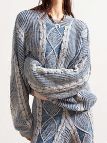 Bohemela Boho Winter/Spring Outerwear, Vintage Women's Casual Twist Knot Casual Crew Neck Long Sleeve Special Dye Technique For A Subtle Faded Hue Versatile Women Sweater, Western Country Style Concert Party, Suitable For Beach Vacation & Daily Wear & Back To School & Going Outs & Party, Christmas , New Year , 2000s Y2k , Summer Holidays - Blue and White - View 7