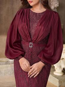 Aureia Plus Size Formal Elegant Evening Burgundy Spring Sequin Embroidered Satin Lantern Sleeve Waist Belt Mermaid Hem Trailing Gown For Party,Prom,Wedding - Burgundy - View 4