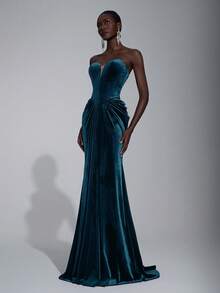 Elitara 优雅、奢华、时尚、性感、酒红色、天鹅绒面料、胸罩杯、鱼尾裙摆、拖尾、适合度假、婚礼活动、单身派对、正式舞会礼服、正式晚宴礼服 - 水鴨藍 - 查看 3