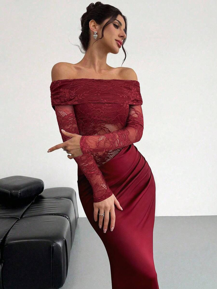 Firerie 优雅性感极简时尚魅力情人节新年派对约会露肩纹理网纱透视褶皱低腰修身红色长袖连衣裙
