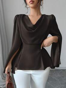 Elenzga Áo cánh dài tay xẻ tà màu trơn thanh lịch dành cho nữ, áo peplum mùa thu - Cà phê nâu - Xem 4