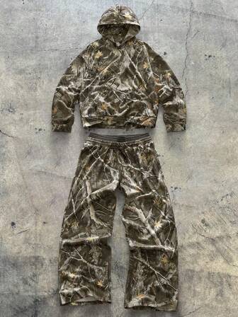 AXEPEAK 2pcs Loose Fit Print Patchwork Hoodie And Sweatpants Set