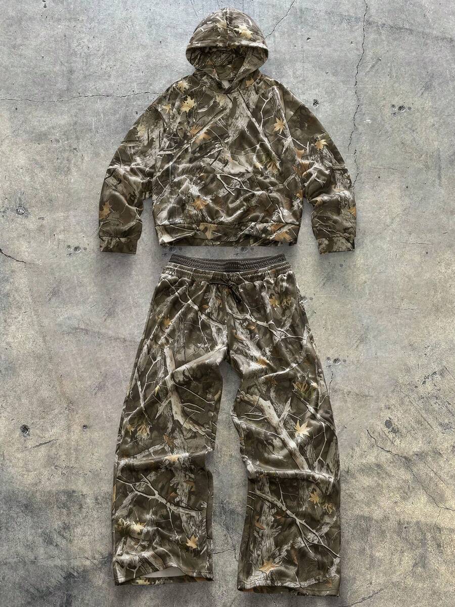 AXEPEAK 2pcs Loose Fit Print Patchwork Hoodie And Sweatpants Set - Multicolor - View 1