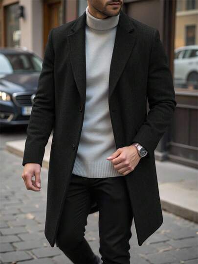 Manfinity Mode 男士加大码纯色翻领单排扣休闲外套，秋冬男士正装外套，男士长款外套，灰色外套，男士灰色服装，男士灰色外套，灰色外套男士