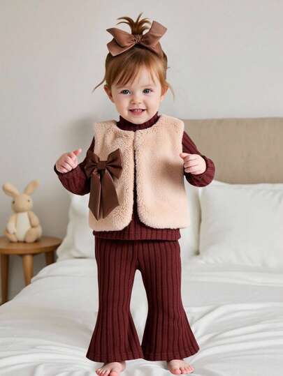 3 Stücke/Set Baby Mädchen Herbst/Winter Neue gerippter Rollkragen Langarm Pullover, ausgestellte Hose, flauschige Weste mit Schleifen Dekor, elegantes hochwertig-lässiges vielseitiges 3 Stücke Outfit, geeignet für Geburtstagsparty, Mode