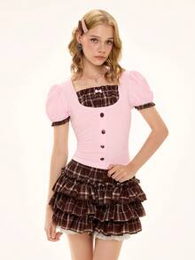 ROMWE Kawaii 女士格子泡泡袖纽扣设计上衣和蛋糕裙裤时尚两件套 - 棕色 - 查看 3