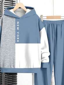 2件套青少年男童休闲宽松舒适长袖连帽衫和长裤套装，适合秋冬季节穿着，经典撞色拼接印花，经典纽约城市名称印花