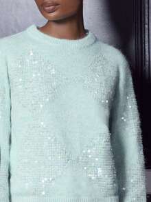lacRébo Mint Jumper With Sparkling Decoration, Diamond Glitters, Crew Relax Shape New Year Party - Green - View 1