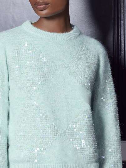 lacRébo بلوزة بياقة مستديرة مزينة بزخارف لامعة من الألماس والبريق، قصة مريحة