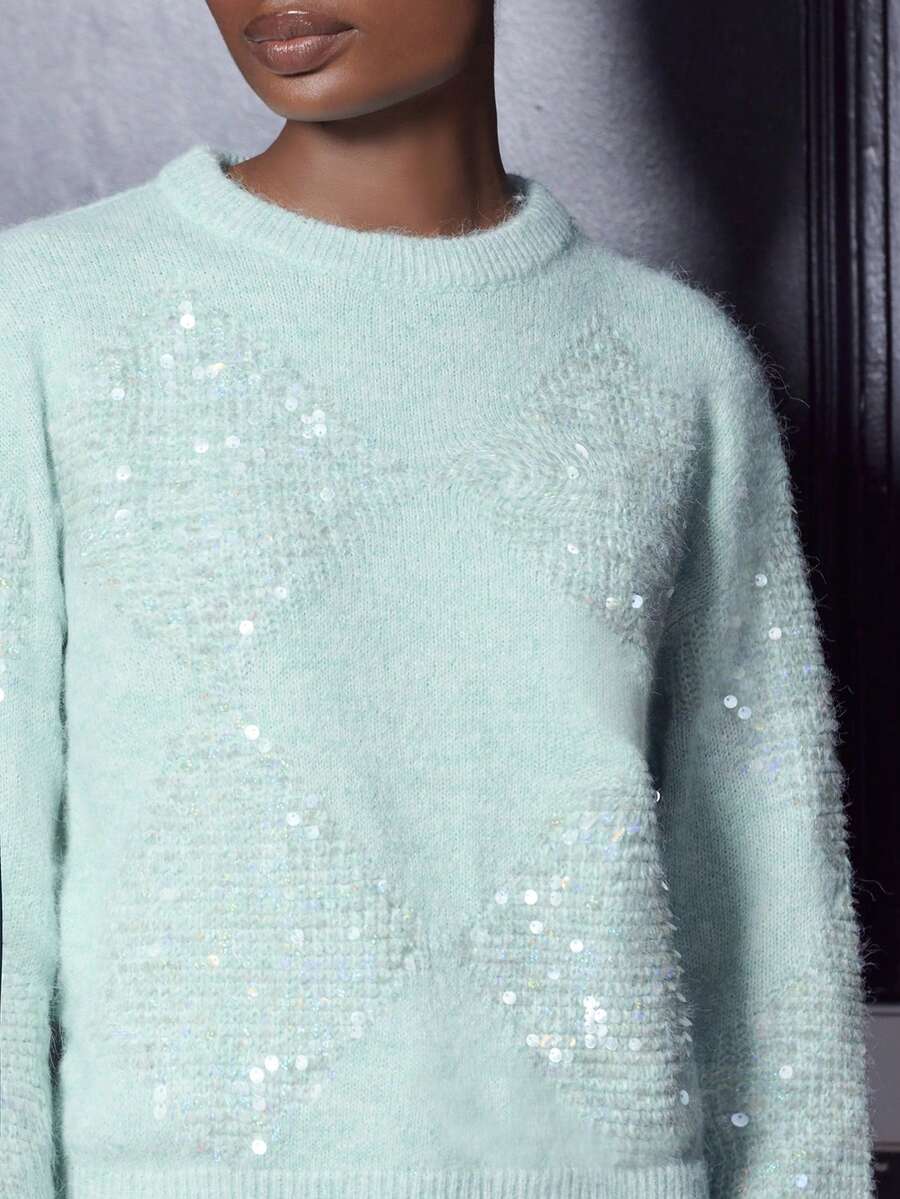 lacRébo Mint Jumper With Sparkling Decoration, Diamond Glitters, Crew Relax Shape New Year Party - Green - View 1