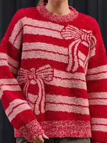 lacRébo Red And Pink Striped Loose-Fit Knit Sweater With Bow Jacquard Red  New Year Going Out Winter - Multicolor - View 3