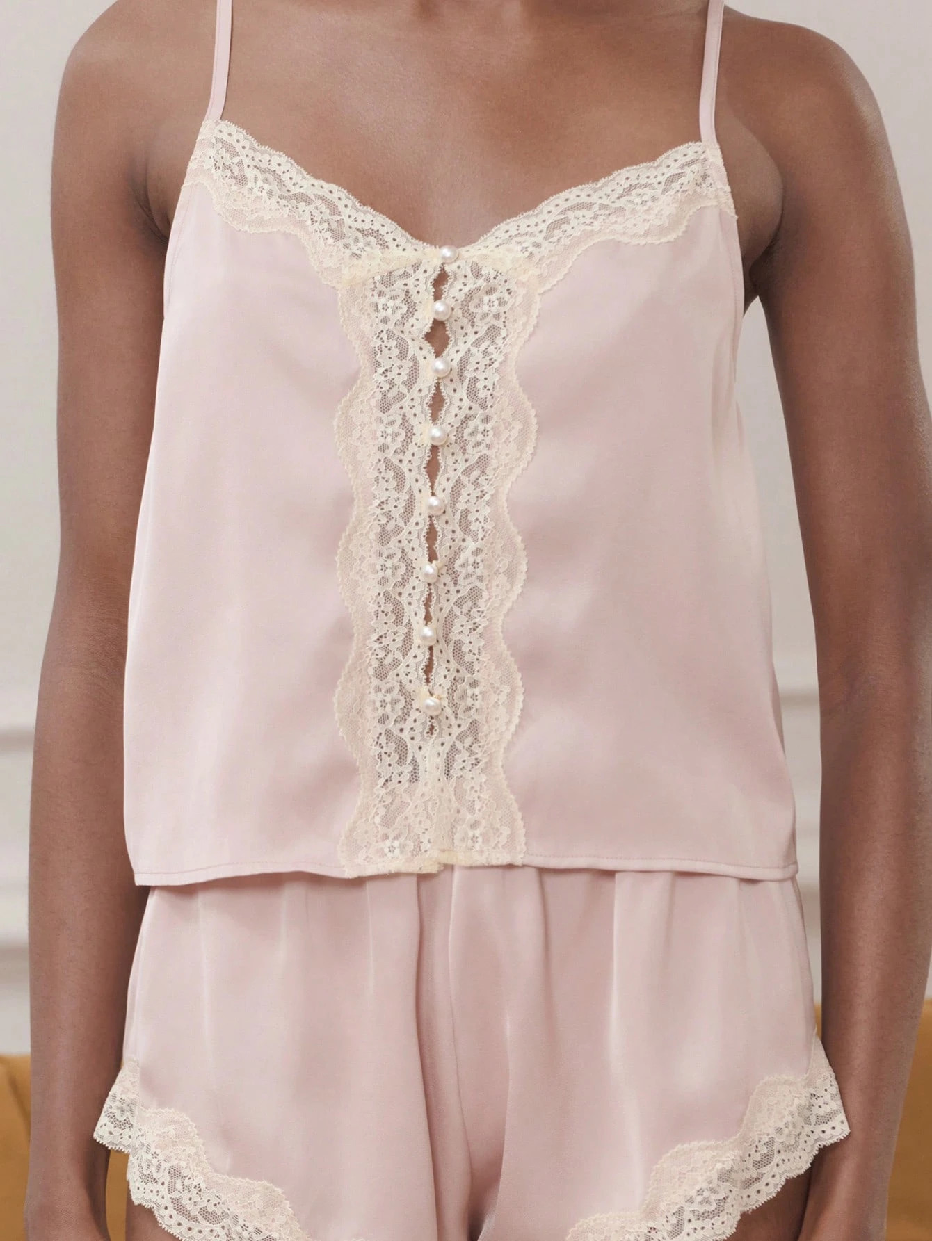 Pink Satin Sleepwear Set With Lace-Trim Cami And Scalloped Shorts Spring Summer Pajama Set Pink Sleepwear Spring