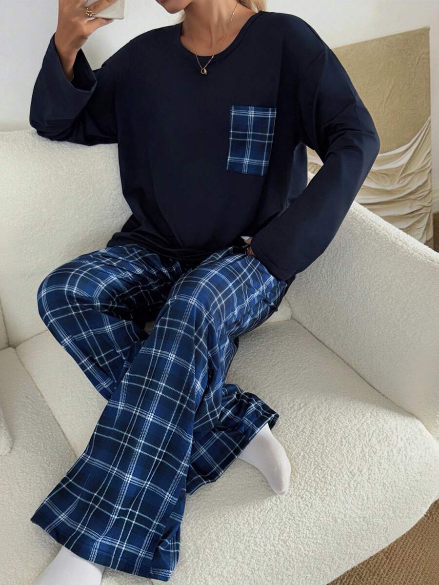 女士休闲宽松格子印花圆领睡衣套装，秋冬服装 - 藍色 - 查看 1