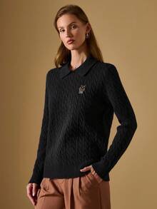 Briarwyn 女式简约绞花刺绣长袖毛衣，藏青色毛衣，冬装，新年女装，复古风女装，万圣节女装 - 黑色 - 查看 3