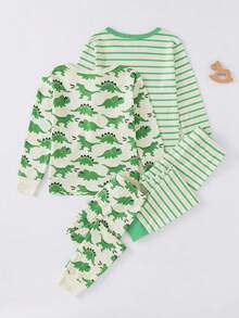 Cozy Pixies 2 pezzi/Set Pigiama invernale per ragazzo con motivo a cartone animato di orso e dinosauro, maglia a maniche lunghe e pantaloni, morbido e confortevole. Set di abbigliamento casual da casa con motivo a righe di orso, comodo e aderente. Pigiama per bambini con motivo a orso, adatto per tutte le stagioni. Abbigliamento da casa per ragazzi a righe, comodo e casual. Foderato termicamente, adatto per l'inverno. - Verde - Visualizzare 2