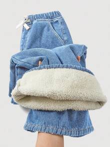 SHEIN 少女宽松基础款蓝色牛仔保暖裤，秋冬季 - 淺色水洗藍 - 查看 7