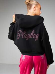 Missguided x Playboy 水钻字母印花连帽衫 全拉链抽绳卫衣 - 黑色 - 查看 1