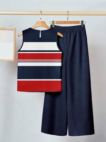 SHEIN Clasi Casual Vacation Style Nautical Red, Blue & White Striped Blouse With Navy Blue Pants, Suitable For Summer Vacation, College Style, Old Money Style - Multicolor - View 2