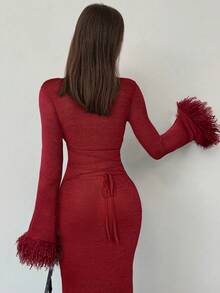 Aloruh Váy dài màu trơn co giãn ôm eo họa tiết lông chắp vá thời trang mới, màu đỏ rượu - Màu Đỏ Sâu - Xem 4