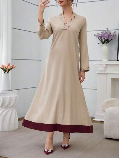 Al Najma Women's Elegant Neckline Ribbon & Fashionable Backless Tie Everyday Versatile Arabic Style Dress