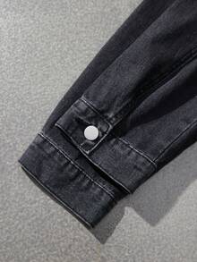 ROMWE MEN Street Life Men's Punk Faded Denim Long Sleeve Jacket - Black - View 3