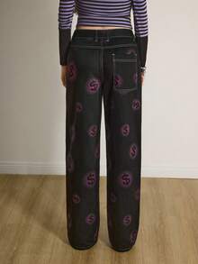 Shutterstock Y2Kool Women's Loose Straight Leg Y2K Sexy Casual Jeans With Black, Pink & Money Print Gyaru Pattern Pants Emo Printed Pants Springs Women Birthday For Women Carnival - Black - View 3