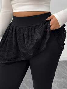 SHEIN Elenzya Quần legging cỡ lớn, Thiết kế thời trang, Thường ngày, 2 trong 1, Làm thon gọn, Thoải mái, Vừa vặn, Thanh lịch, Thân thiện với da, Đa năng - màu đen - Xem 3