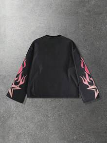 ROMWE MEN Men's Flame Teeth Print Crew Neck Long Sleeve T-Shirt, Loose Fit - Black - View 2