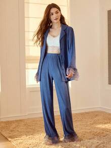 MOTF PREMIUM WOMEN'S SPRING/AUTUMN PATCHWORK SHEER MESH RUFFLE SLEEVE TEXTURED FABRIC LAPEL COLLAR LONG SLEEVE TOP AND FLARE LEG PANTS PAJAMA SET - Blue - View 3