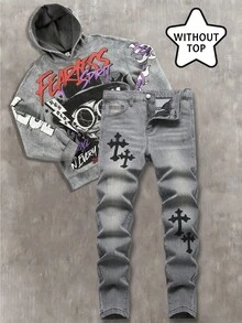 Tween Jungen Mode Lässig Y2K Vintage Cool Street Cross Stickerei Muster Grundlegende und einfache graue Denim Stretch Skinny Jeans für Kinderbekleidung Tween Jungen Alltagskleidung und Kinder Frühling und Sommer Rave Outfits Festival und Outfits Streetwear Kleidung - Grau - Übersicht 1