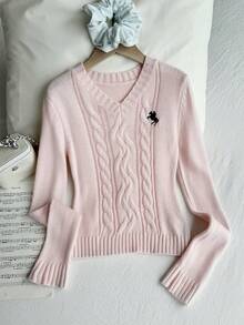 SHEIN Sparklyn 少女毛衣，粉色扭绳修身毛衣，粉色毛衣，刺绣小马图案毛衣，保暖、柔软、有弹性，适合居家、派对、万圣节、圣诞节、户外活动、学校穿着，可搭配圣诞派对礼服，也可搭配圣诞套头衫、浅粉色V领麻花针织毛衣、粉色针织短款毛衣、粉色长袖上衣 - 粉色 - 查看 4