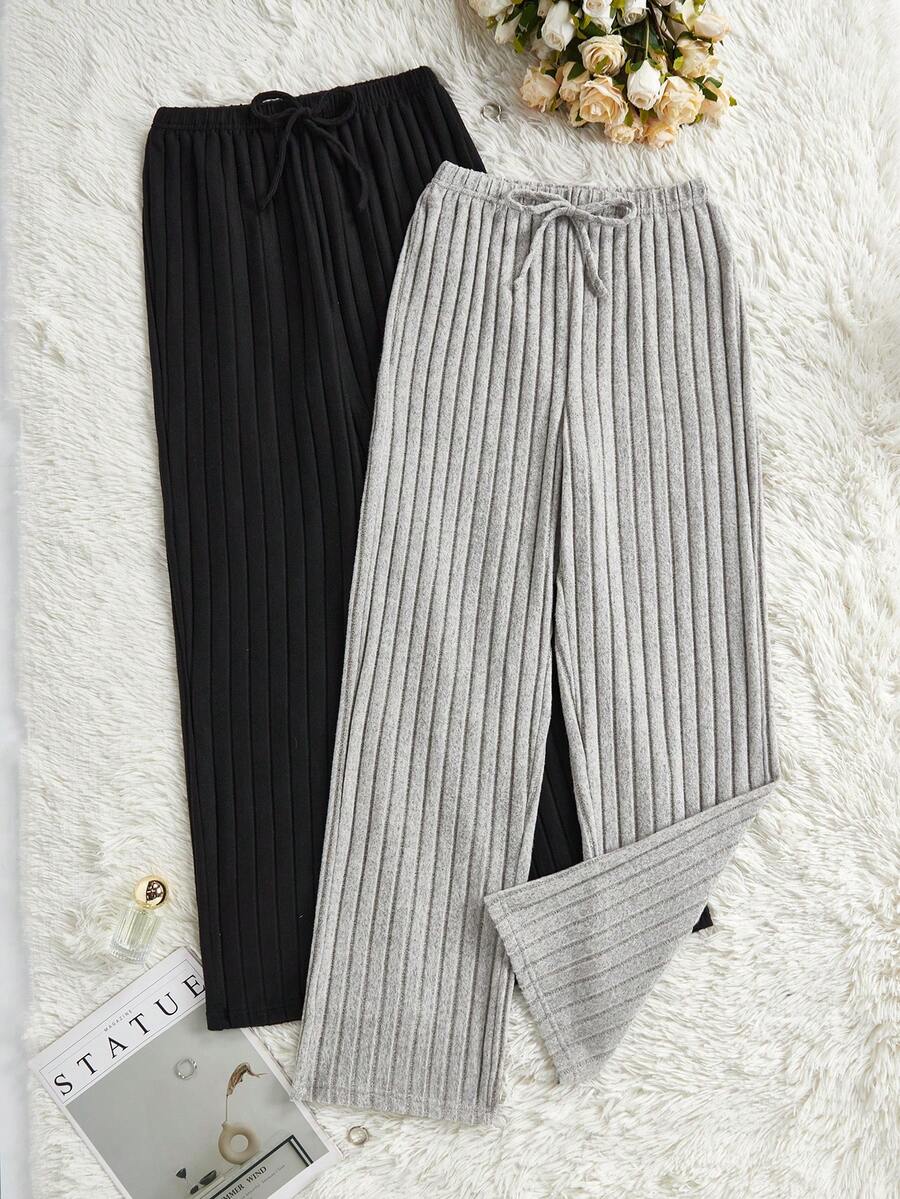 SHEIN 2件装女士简约纯色黑色和浅灰色仿抽绳设计超柔软舒适宽罗纹针织阔腿裤，休闲宽松居家裤，冬季