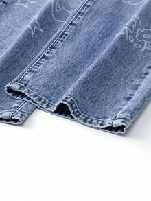 SHEIN ChillGRL بنطلون جينز واسع الساق للبنات المراهقات، مطرز بنقوش الثلج، مغسول ومشوه بالتآكل، موضة جديدة - أزرق متوسط - مشاهدة 7