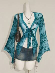 SHEIN ICON Asymmetrical Hem Flare Sleeve Vintage Flocked Mesh Sheer Cardigan For Women - Blue - View 5