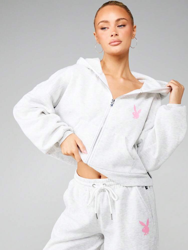 Missguided x Playboy Felpa con cappuccio oversize con chiusura lampo e coulisse per donna, casual, abbigliamento da relax, streetwear