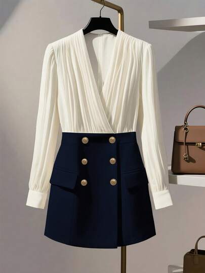 GlowEve 女式优雅无袖 V 领褶皱腰收腰金属纽扣装饰口袋 A 字短裙，春夏