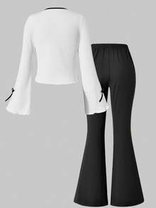 SHEIN Tween Girl Black And White Y2k Back-To-School 2Pcs Set,Contrast Bow Tie Bell Sleeve Long Sleeve T-Shirt Slim Fit Top And Embroidered Bell Pants,Autumn - Black and White - View 8