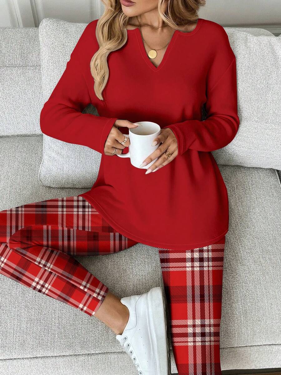 EMERY ROSE Casual Plus Size Solid Color Minimalist Long Sleeve Top & Plaid Pants 2 Pieces Set - Red - View 1