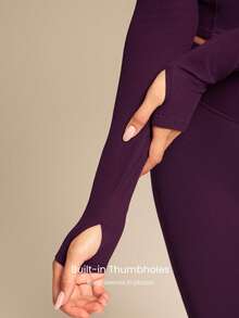 GLOWMODE FeatherFit™ Soft Stretchy Ribbed Seam-Dividing Design Long-Sleeve Tee Top Low Impact Yoga Pilates Studio Daily Casual Wear Removable Cups  Spring Summer - Bold Plum - View 5