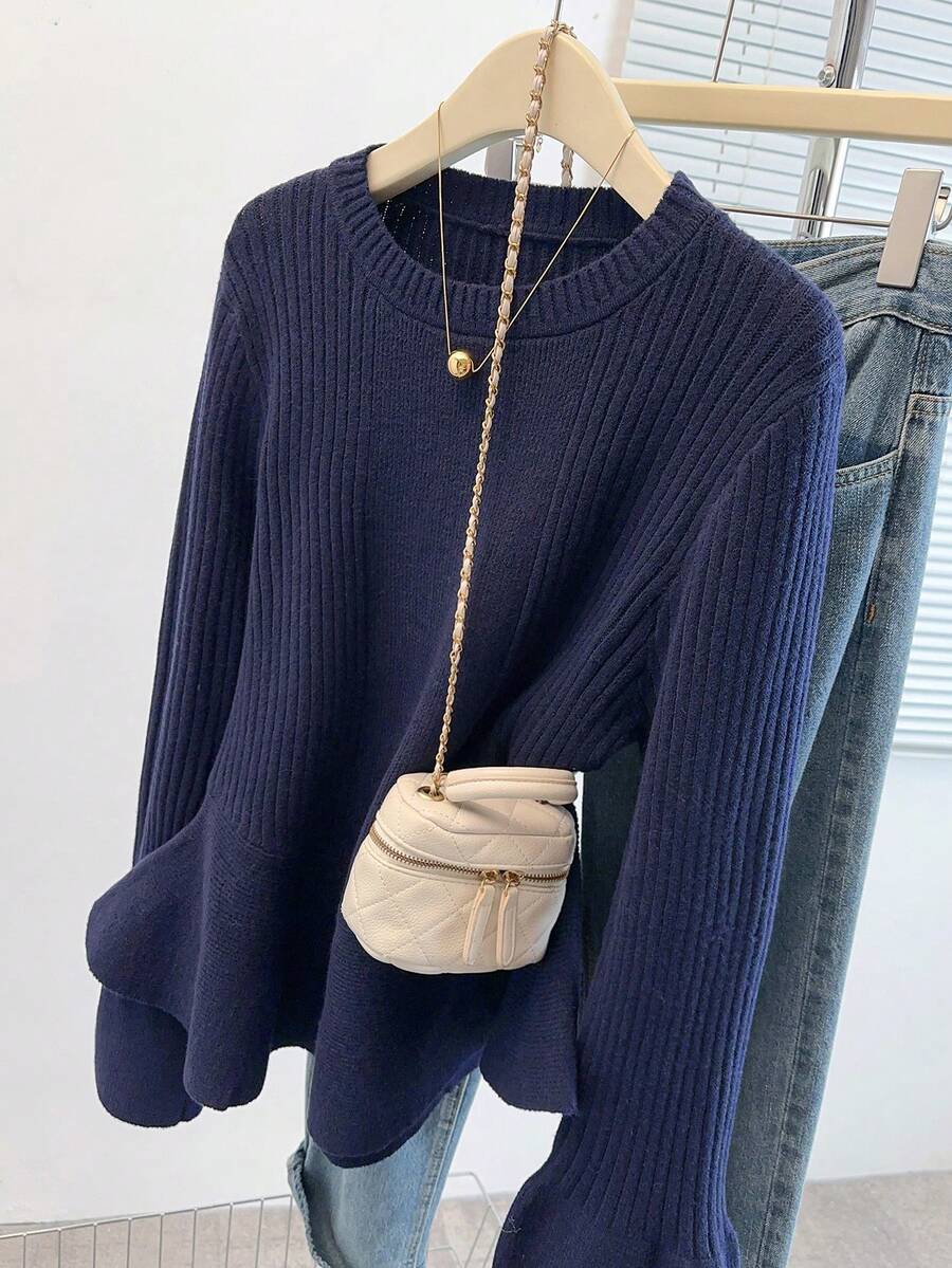 GlowEve CURVE Plus Size Women Solid Color Round Neck Long Sleeve Casual Loose Knit Sweater, Autumn/Winter - Navy Blue - View 1