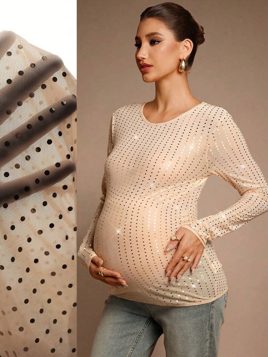 MaterniChic Autumn And Winter Sequin Patchwork Crew Neck Fitted Long Sleeve Maternity T-Shirt Sequin Top - Apricot - View 1