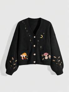 ROMWE Fairycore Vintage Mushroom, Star, Moon Embroidered Plus Size Women Sweater Cardigan With Puff Sleeves/Winter - Black - View 5