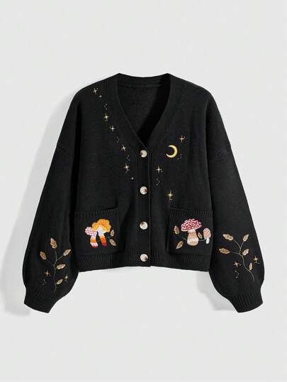 Fairycore Cárdigan de mujer talla grande con bordados de setas, estrellas y lunas, con mangas abullonadas, en estilo vintage