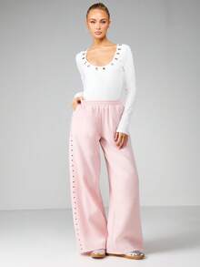 MISSGUIDED Eyelet Detail Relaxed Fit Joggers With Side Stripes For Casual Comfort - Pink - View 5