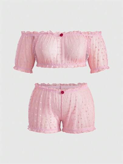 Kawaii Plus Size Valentine's Day Cute & Sweet Floral Jacquard 3D Rose Off Shoulder Ruched Briefs Sexy Lingerie Set